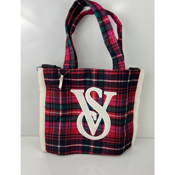 Victoria's Secret Handbags - Victoria Secret Plaid Tote Bag Sherpa Trim & Logo Pink Red Green